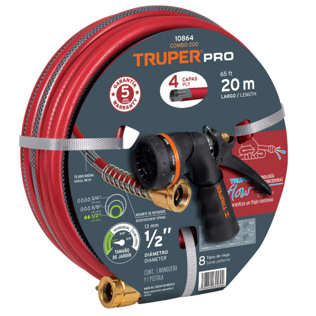 Set furtun extra ranforsat 1/2”- 20 m cu pistol de stropire pr-208, 8 moduri de stropire si cupla flexibila m-flex, Truper