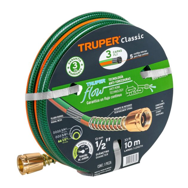 Furtun de gradina 1/2”, 10 ml, 3 straturi, armat, cu mufa alama - Truper