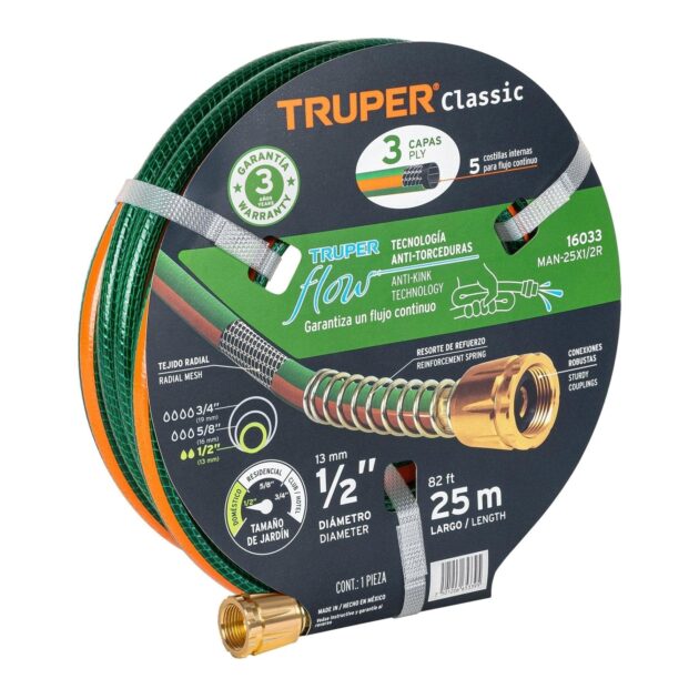 Furtun de gradina 1/2”, 25 ml, 3 straturi, armat, cu mufa alama - Truper