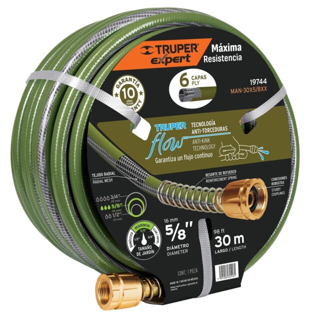 Furtun de gradina 3/4”, 6 straturi, armat, 30 ml, cu mufa metalica - Truper Expert