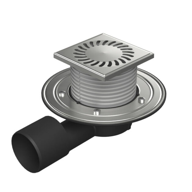 Sifon pentru dus fara caditacu evacuare laterala D50/75 cu flotor antimiros, cadru si gratar de inox tip SUN 125X125 mm