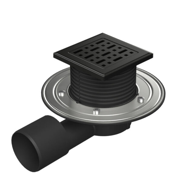 Sifon pentru dus fara cadita cu evacuare laterala D50/75 cu flotor antimiros, cadru plastic si gratar de inox tip FACE BLACK 125x125 mm