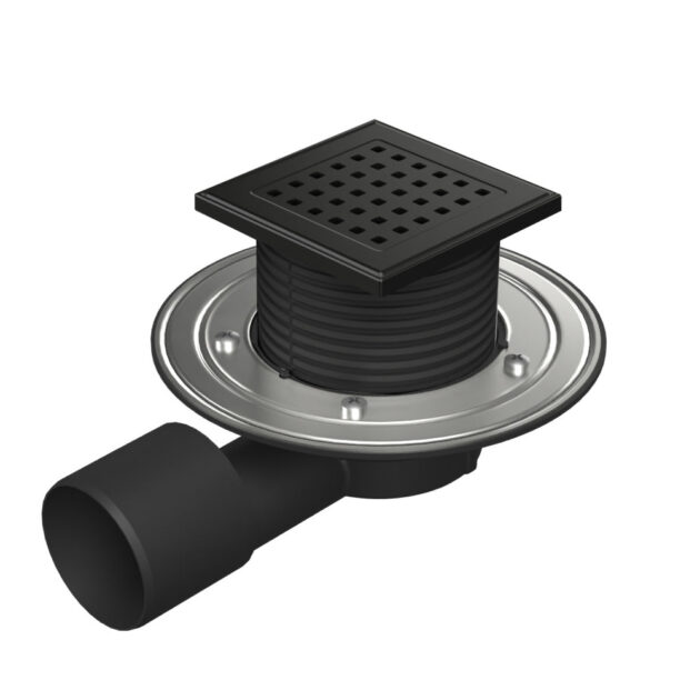 Sifon pentru dus fara cadita cu evacuare laterala D50/75 cu flotor antimiros, cadru plastic si gratar de inox tip gate black 125x125 mm