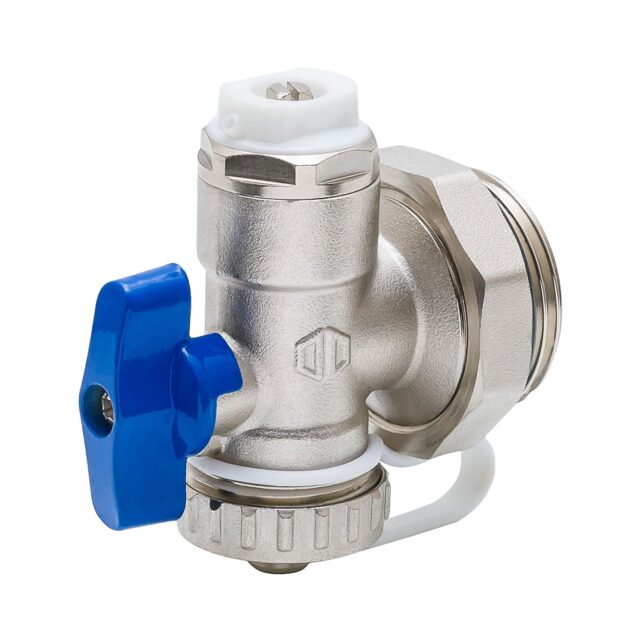 Element de capat NOVAPEX pentru distribuitoare, cu robinet golire si aerisitor Dn 25 - Albastru (retur) - 1”FE