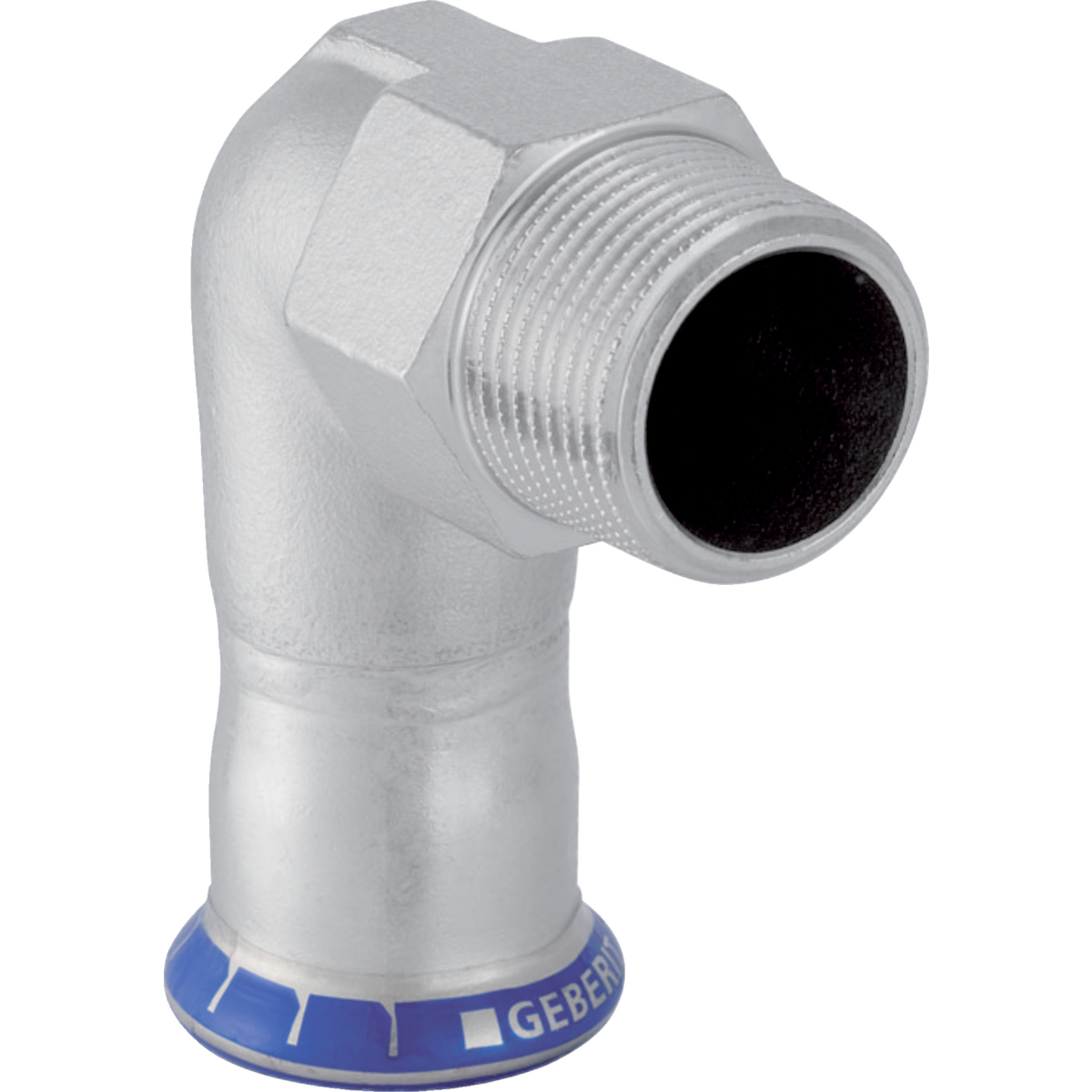 Cot adaptor Geberit Mapress Oţel-Inox 90° cu filet exterior (FKM albastru): d=18mm R=1/2″