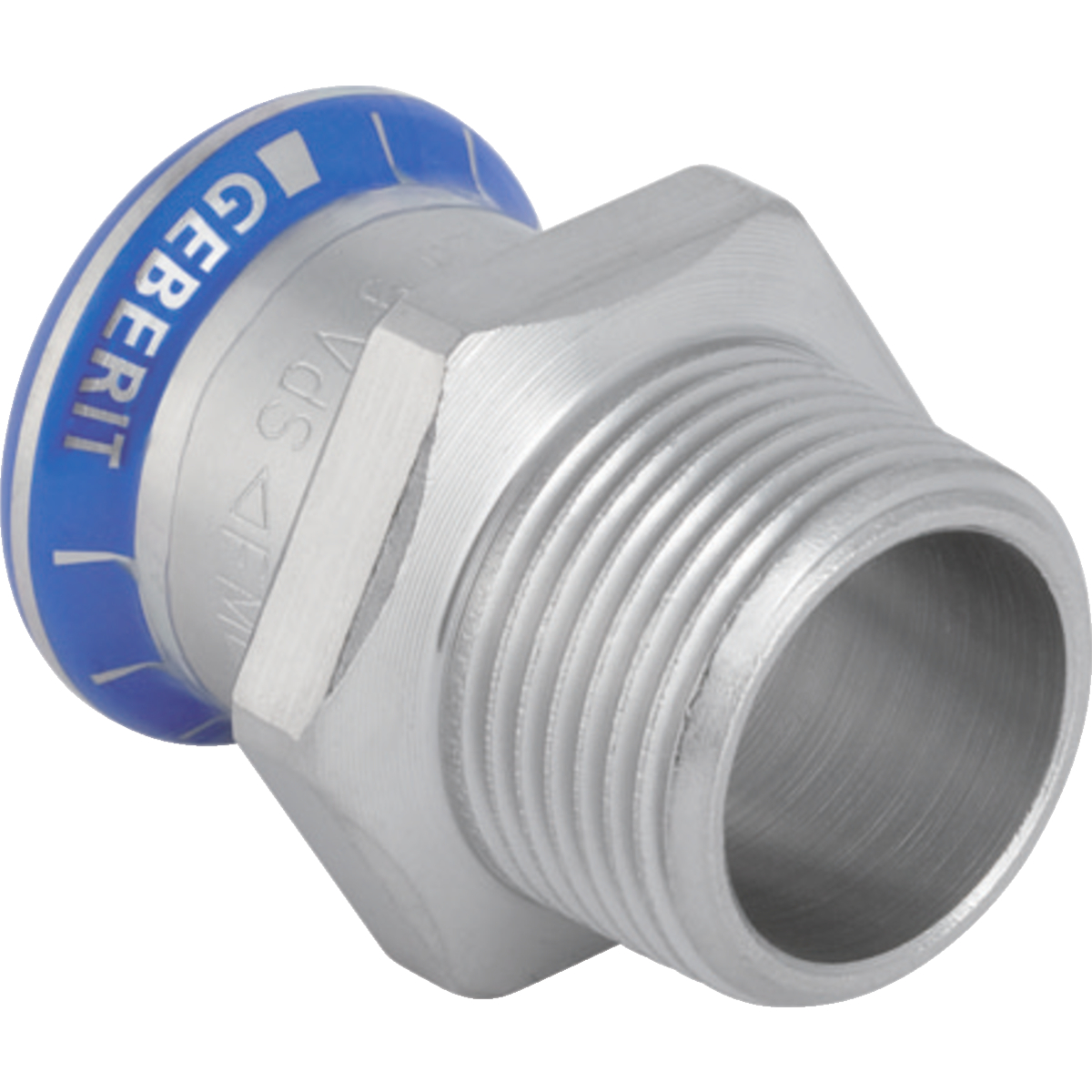Adaptor Geberit Mapress Oţel-Inox cu filet exterior (FKM albastru): d=42mm R=1 1/2″