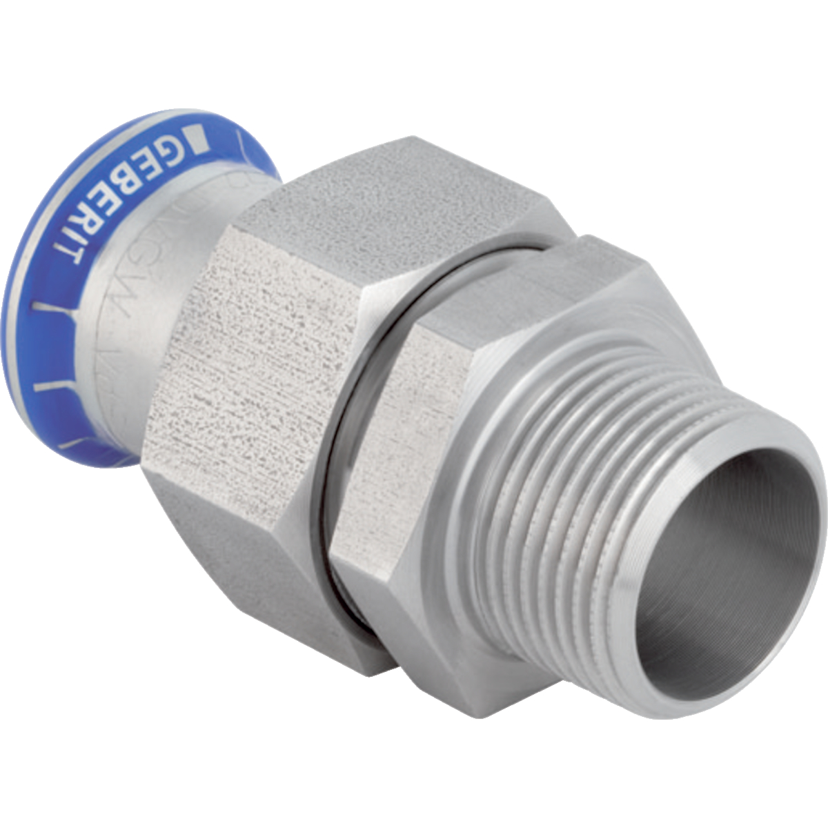 Adaptor cu filet Geberit Mapress Oţel-Inox cu filet exterior piuliţă din oţel CrNi (FKM albastru): d=22mm R=1″