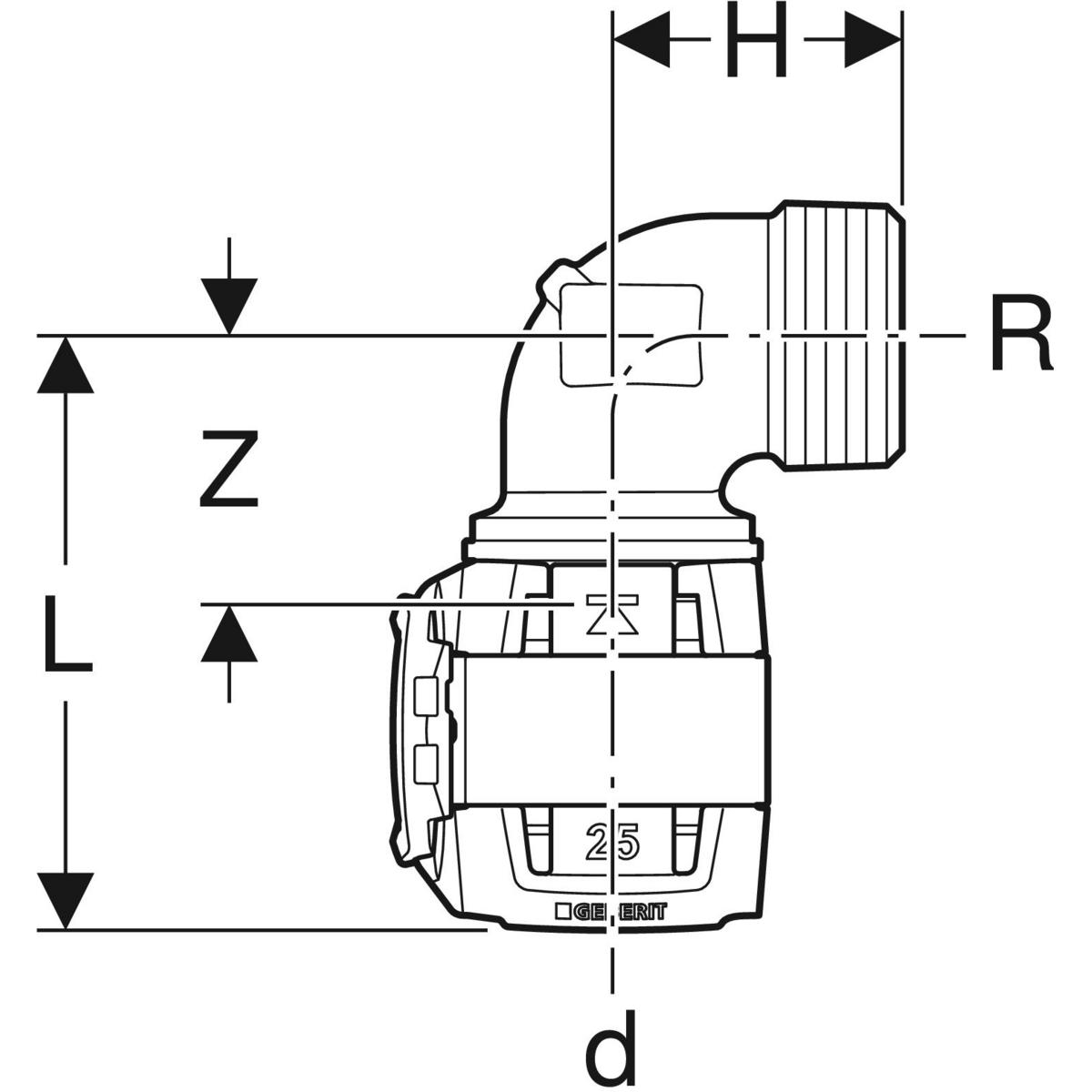 Cot adaptor 90° Geberit FlowFit cu filet exterior: Material=Fontă roşie fără plumb d=25mm R=3/4″ - imagine 2