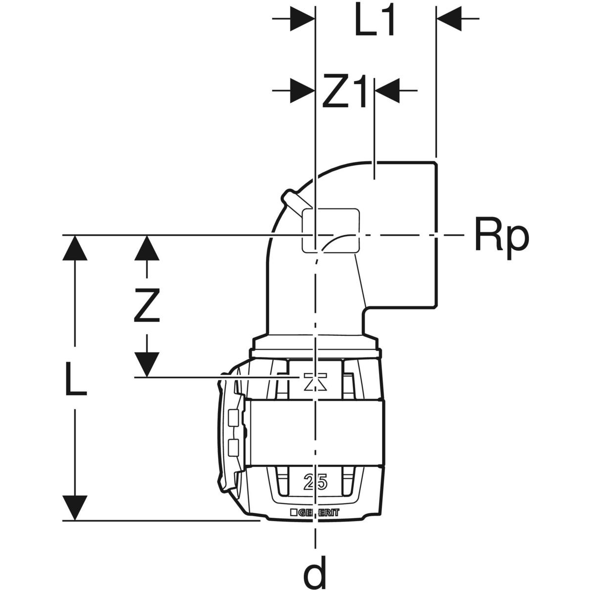 Cot adaptor 90° Geberit FlowFit cu filet interior: Material=Fontă roşie fără plumb d=16mm Rp=1/2″ - imagine 2