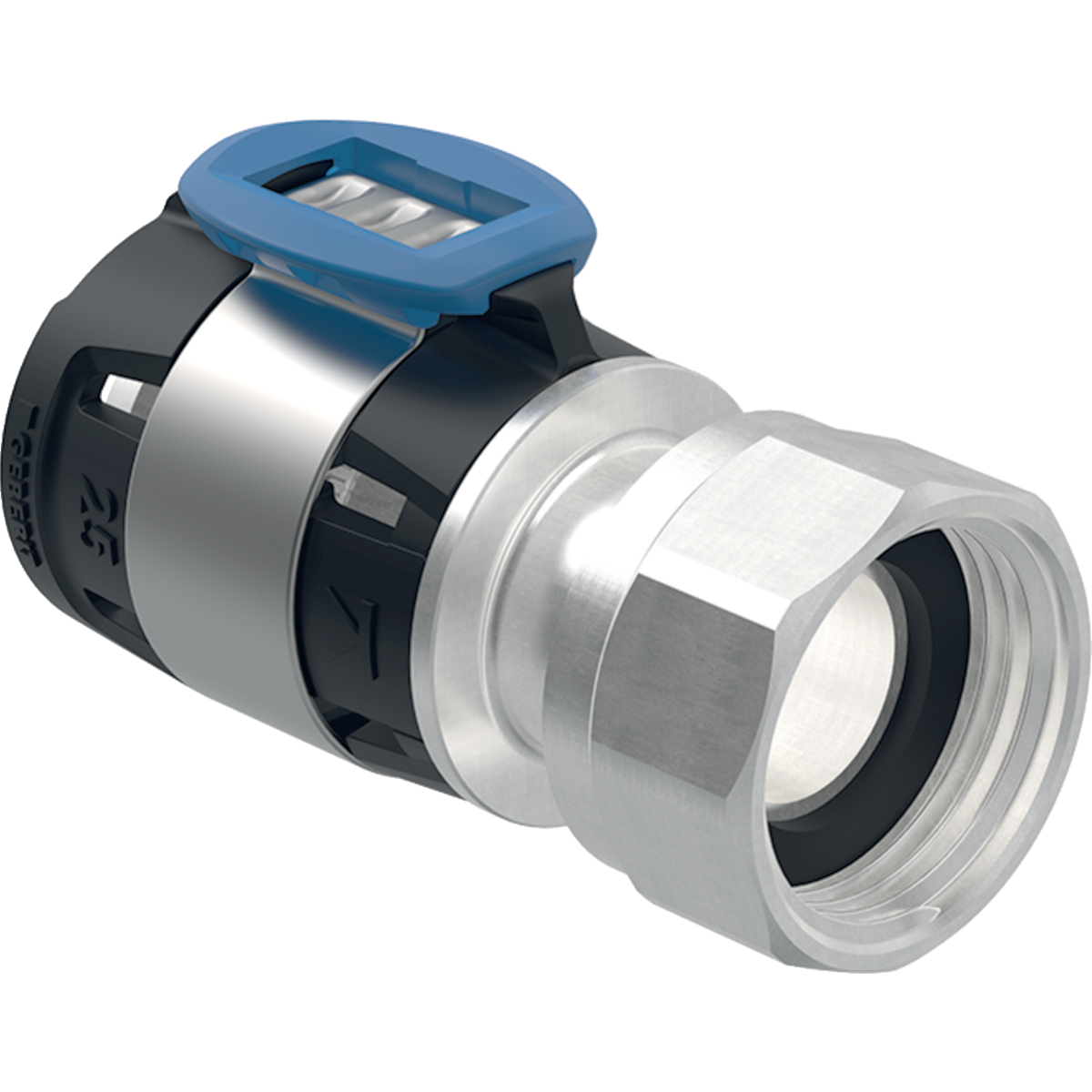 Racord Geberit FlowFit drept piuliţă: Material=Bronz silicat fără plumb d=20mm G=1/2″ Placat cu nichel