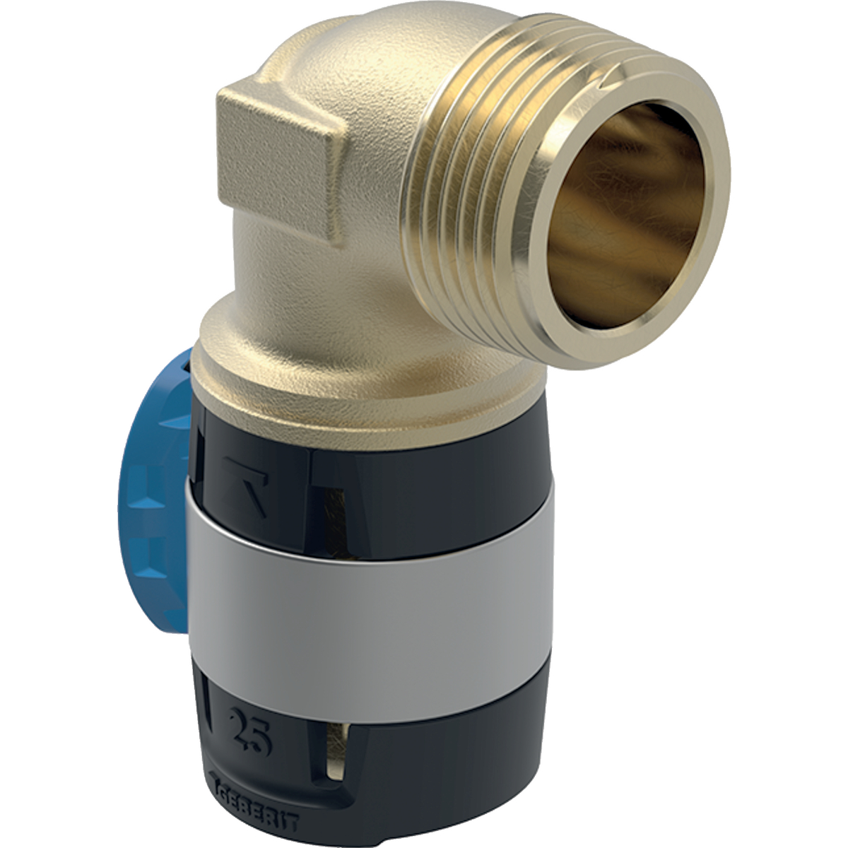 Cot adaptor 90° Geberit FlowFit cu filet exterior: Material=Fontă roşie fără plumb d=25mm R=3/4″