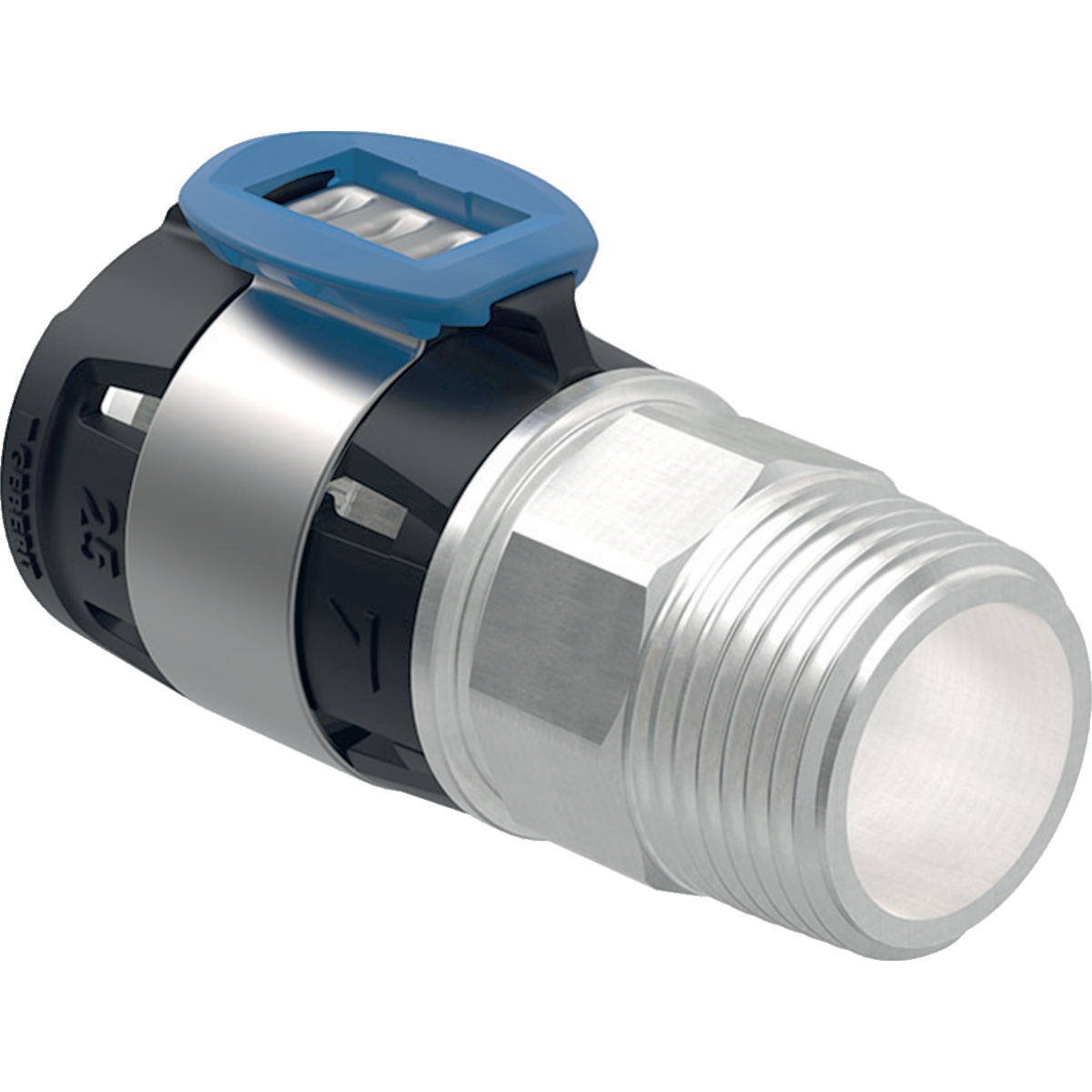 Racord Geberit FlowFit drept cu filet exterior: Material=Bronz silicat fără plumb d=25mm R=3/4″ Placat cu nichel