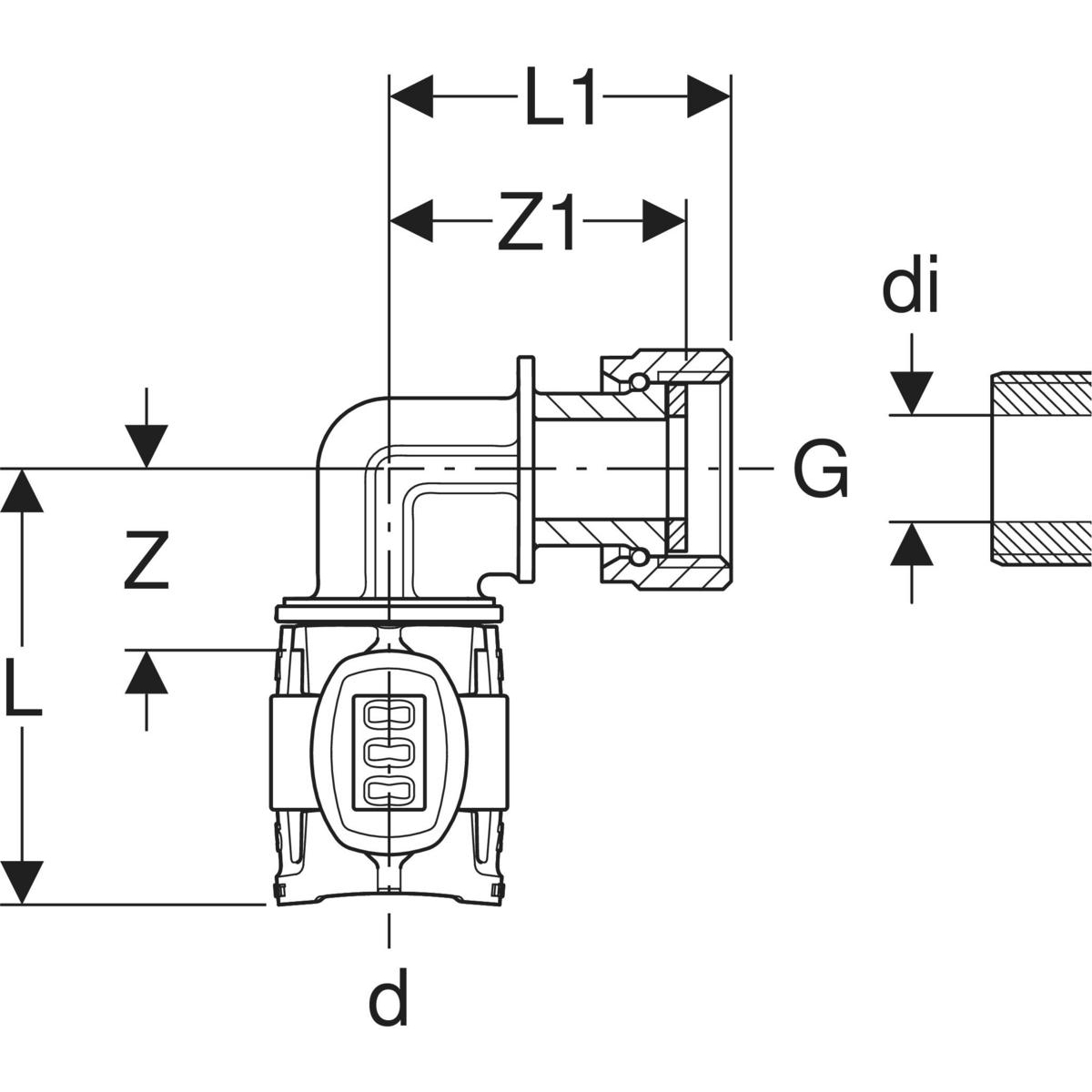 Cot de adaptare 90° Geberit FlowFit cu piuliţă: Material=Bronz silicat fără plumb d=20mm di=11mm G=1/2″ - imagine 2