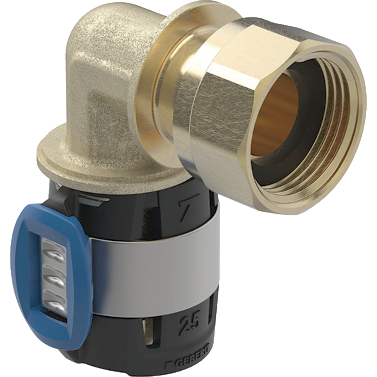 Cot de adaptare 90° Geberit FlowFit cu piuliţă: Material=Bronz silicat fără plumb d=20mm di=11mm G=1/2″