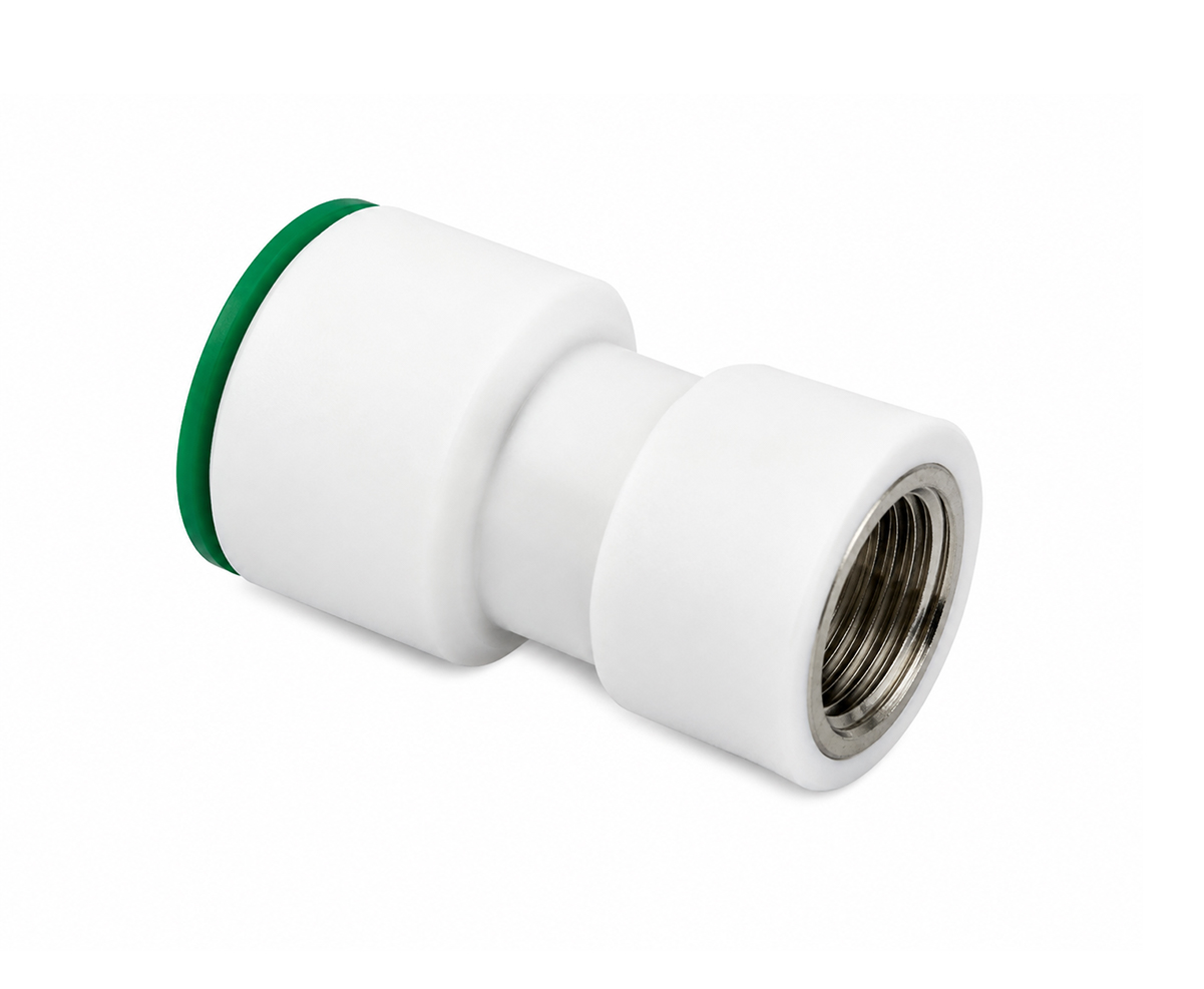 Conector plastic pentru teava 1” pe o parte si filet interior metalic de 1” pe cealalta